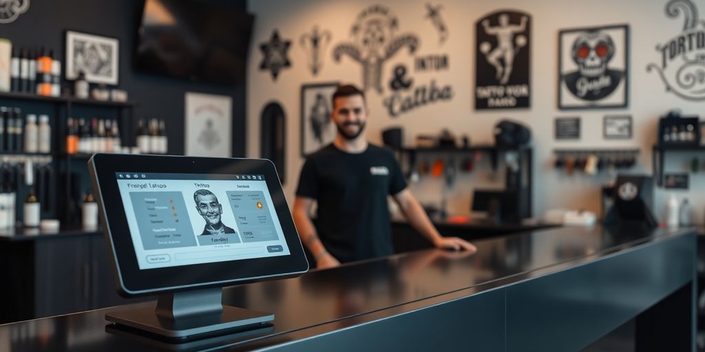 Tattoo studio with a smiling person at a desk.