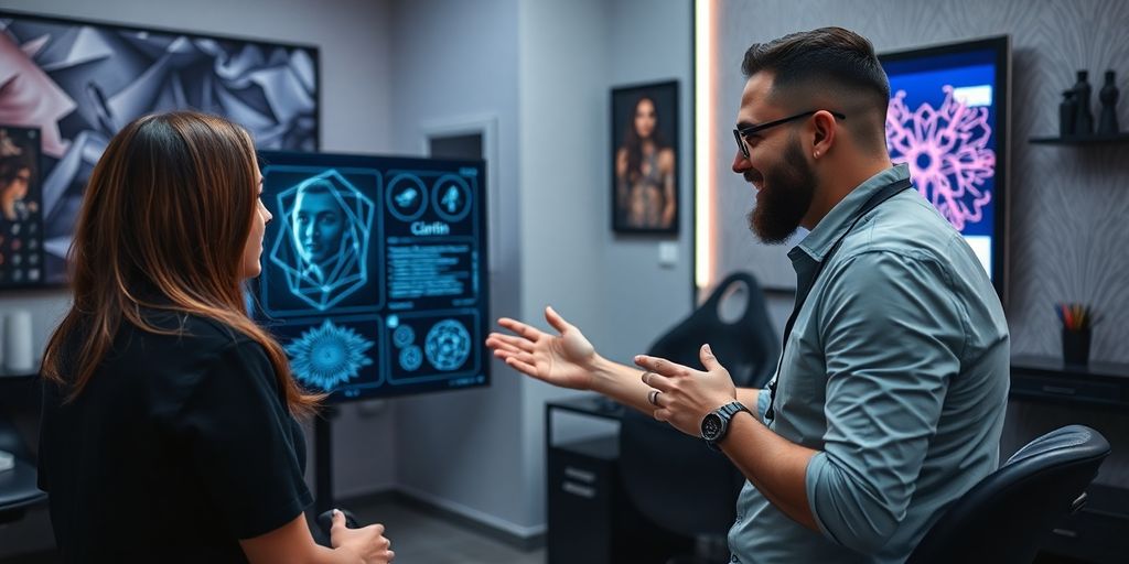 Tattoo artist and client interacting with AI interface.