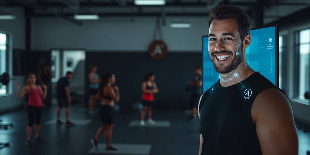 CrossFit gym with happy members and AI interface.