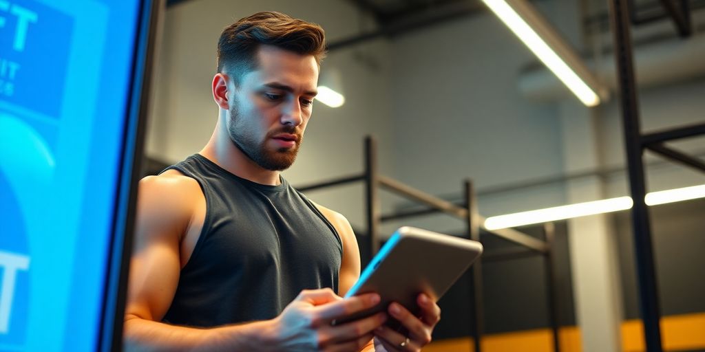 CrossFit gym interior with a person interacting with a digital interface.
