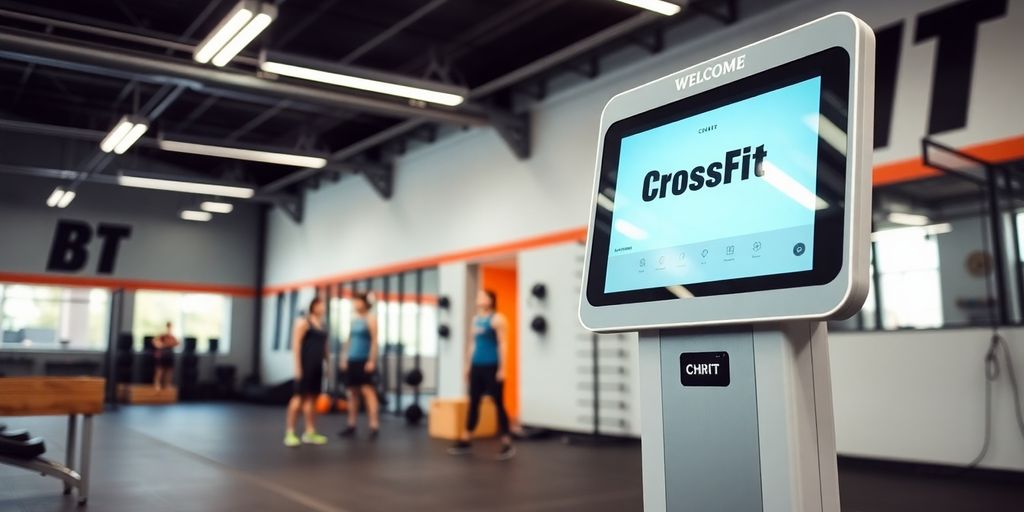 CrossFit gym interior with AI receptionist.