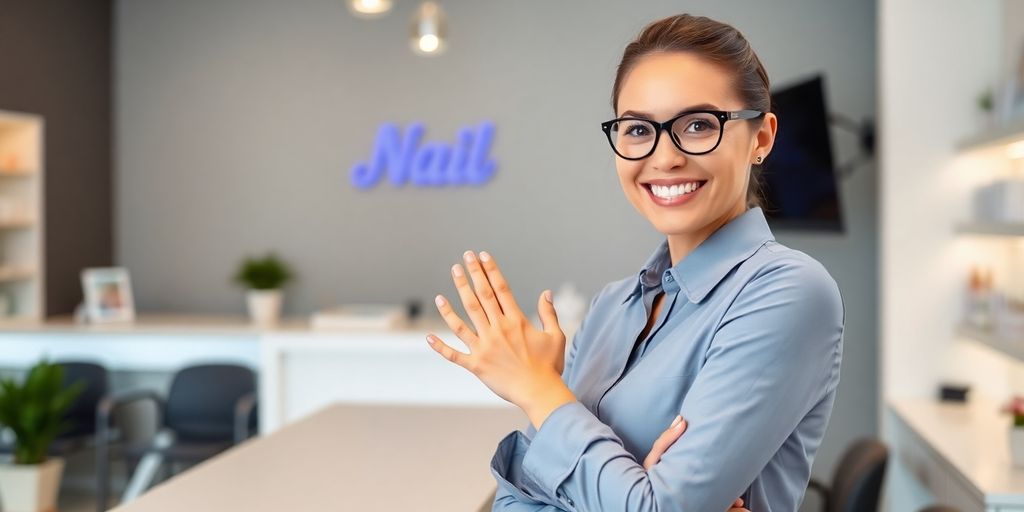 Nail salon receptionist interacting with client.