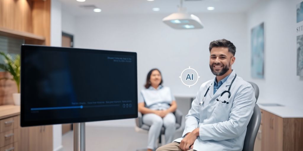 Smiling dentist and patient interacting with a virtual assistant interface.