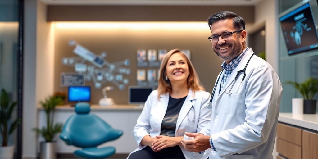 Dentist consulting with patient, AI interface subtly present.
