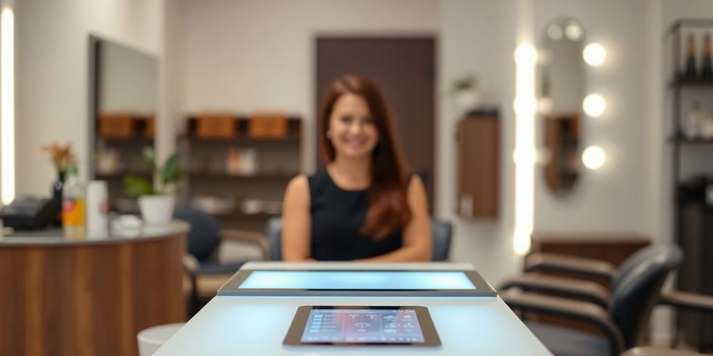 A modern salon reception with a sleek AI interface.