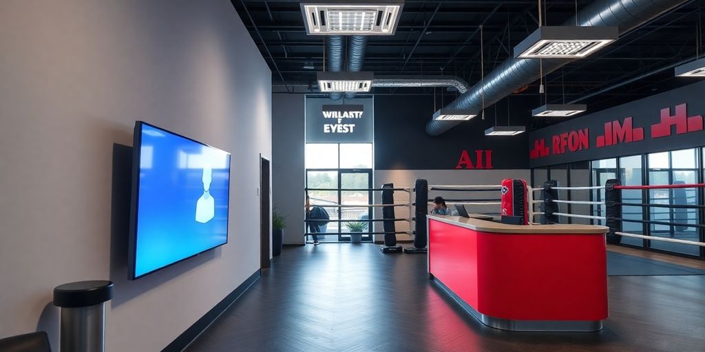 Boxing gym reception with AI virtual assistant.