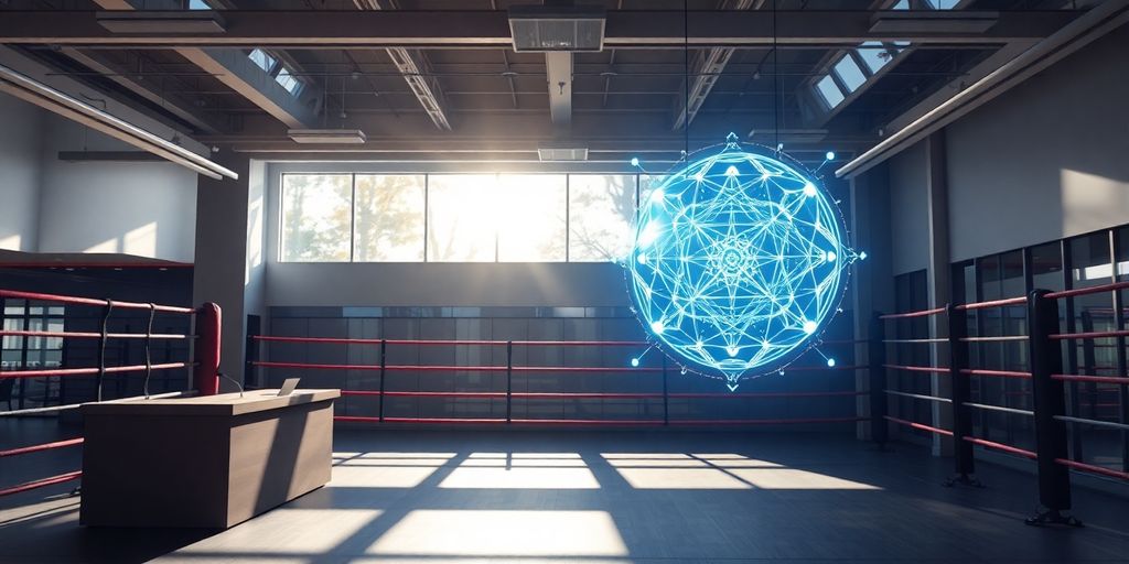 Boxing gym interior with a futuristic AI interface.