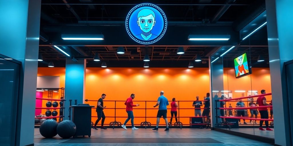Boxing gym reception with AI virtual assistant.