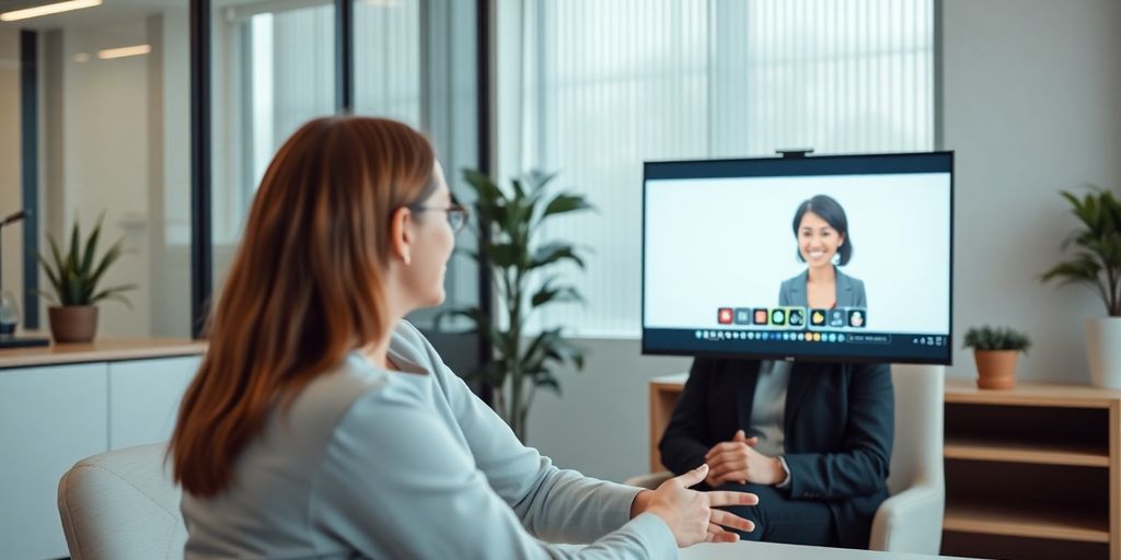 Therapist with AI receptionist helping client.