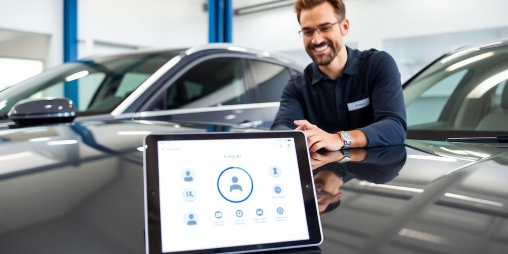 Car detailing, AI, happy customer, modern technology.