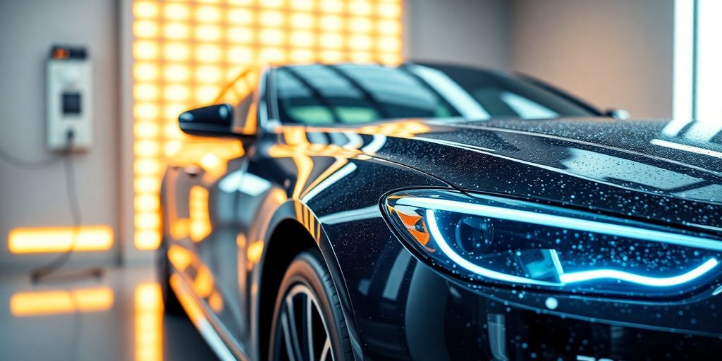 Car being polished with futuristic AI glow.