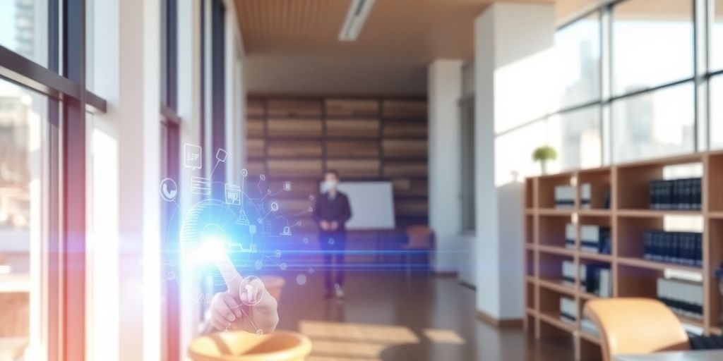 Lawyer shaking hands with a client in a modern office.