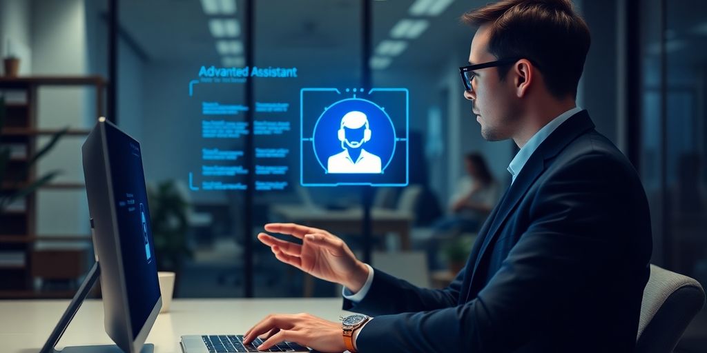 Lawyer using AI virtual receptionist on computer.