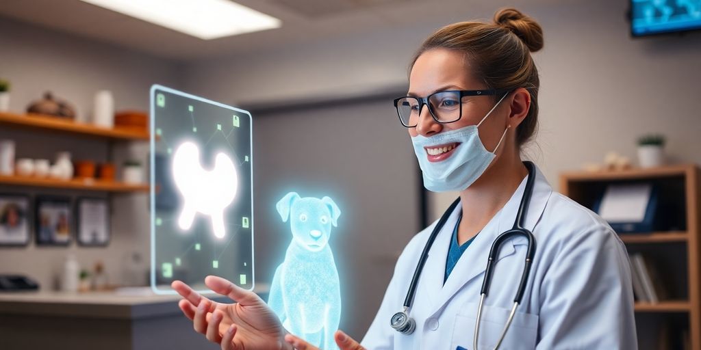 Veterinarian talking to AI receptionist hologram.