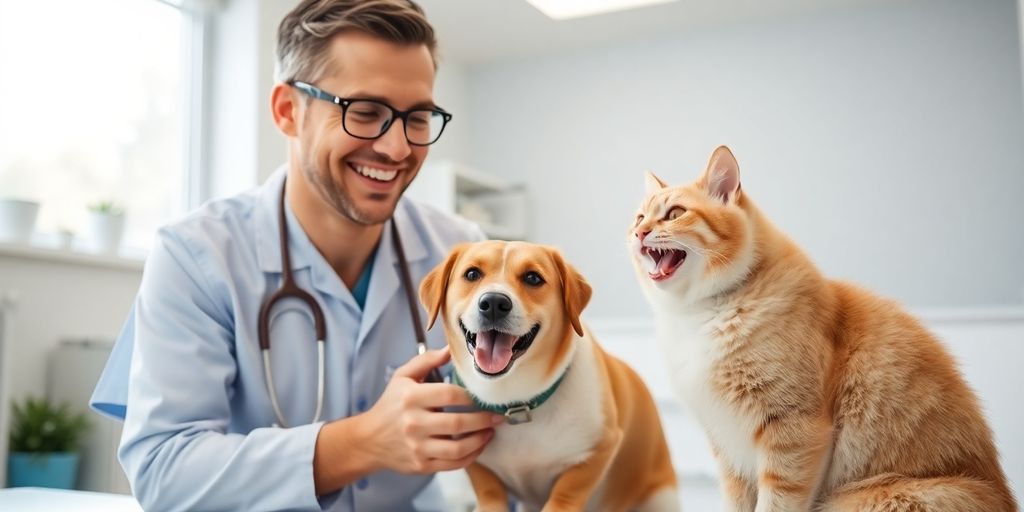 Veterinarian smiling at happy dog and cat.