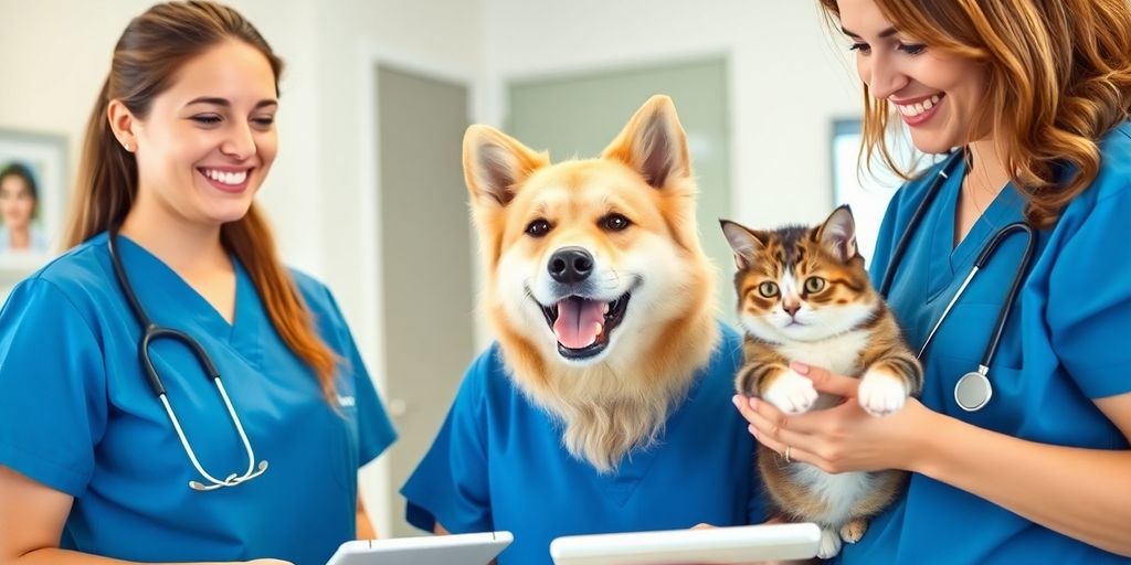 Veterinarian interacting with a happy pet owner.