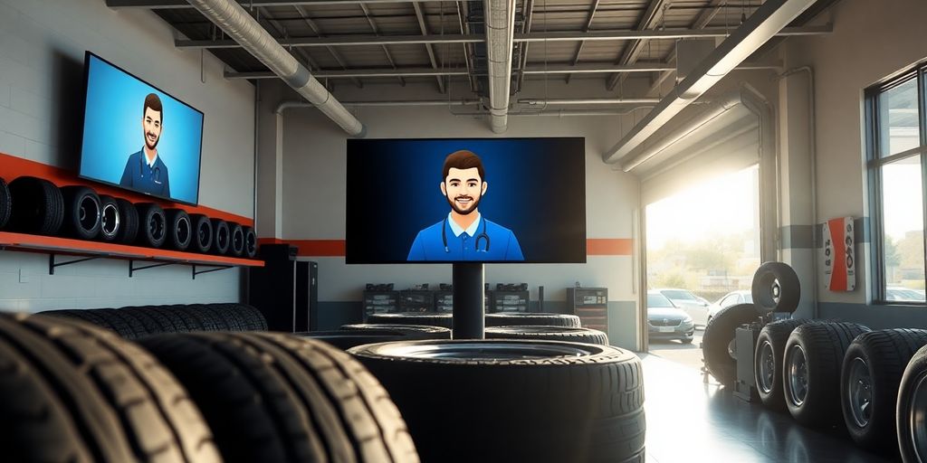 Tire shop owner smiling next to advanced AI technology.