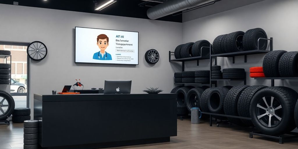 Tire shop reception desk with AI virtual receptionist.