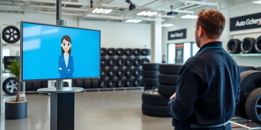 Tire shop worker interacting with AI receptionist interface.
