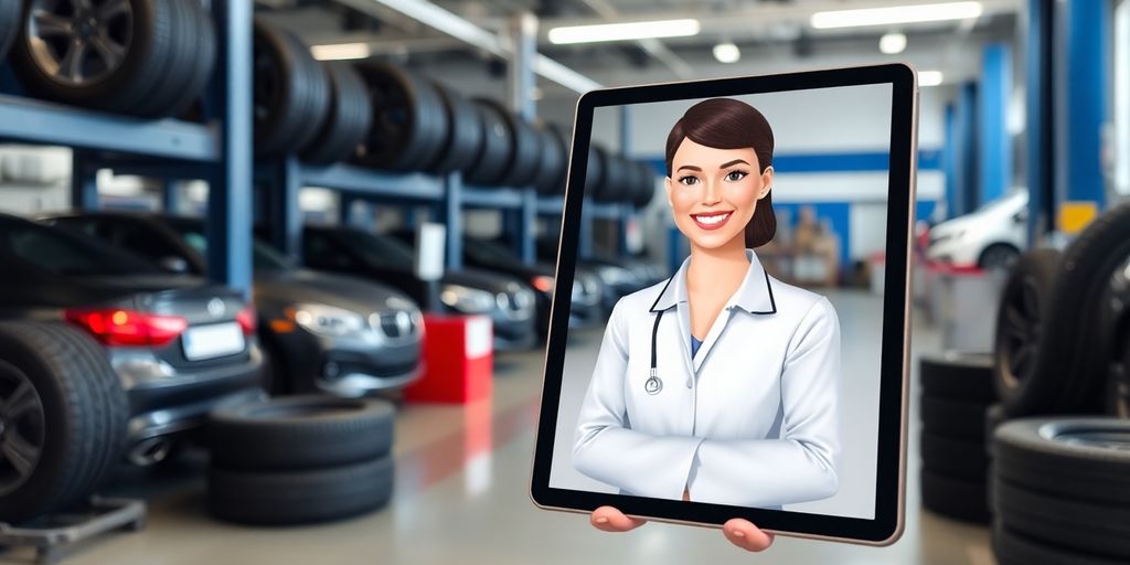 Tire shop owner smiling with AI virtual receptionist.