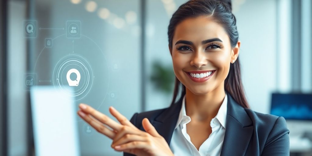 Woman agent smiles beside AI interface.