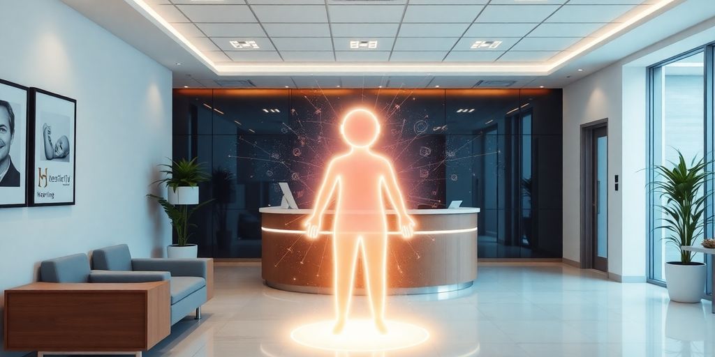 Modern hearing center reception with AI interface.
