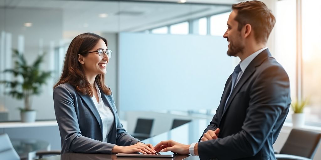 A friendly AI receptionist greeting a client.