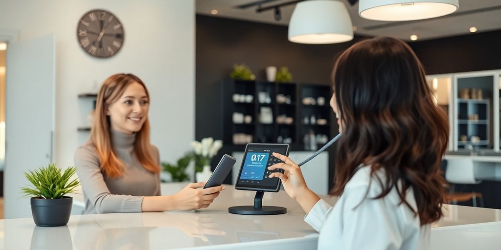 Salon receptionist smiling at a sleek AI phone.