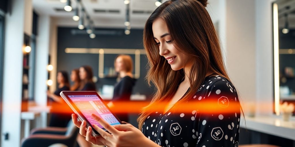 Salon staff smiling with AI interface