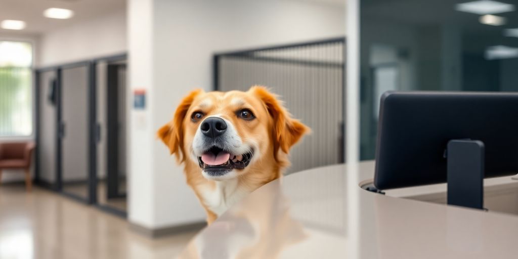 Happy dog receiving check-in at a modern kennel reception.