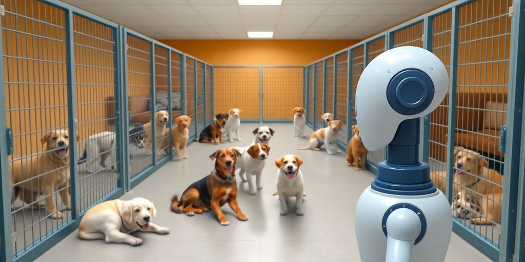 AI receptionist interacting with happy dogs in a kennel.