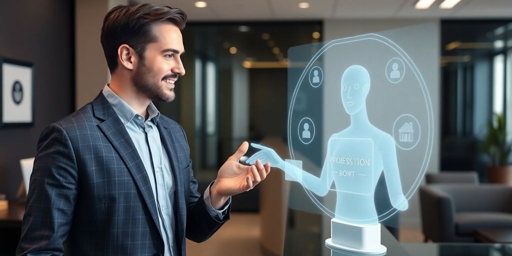 AI receptionist interacting with a smiling real estate agent.
