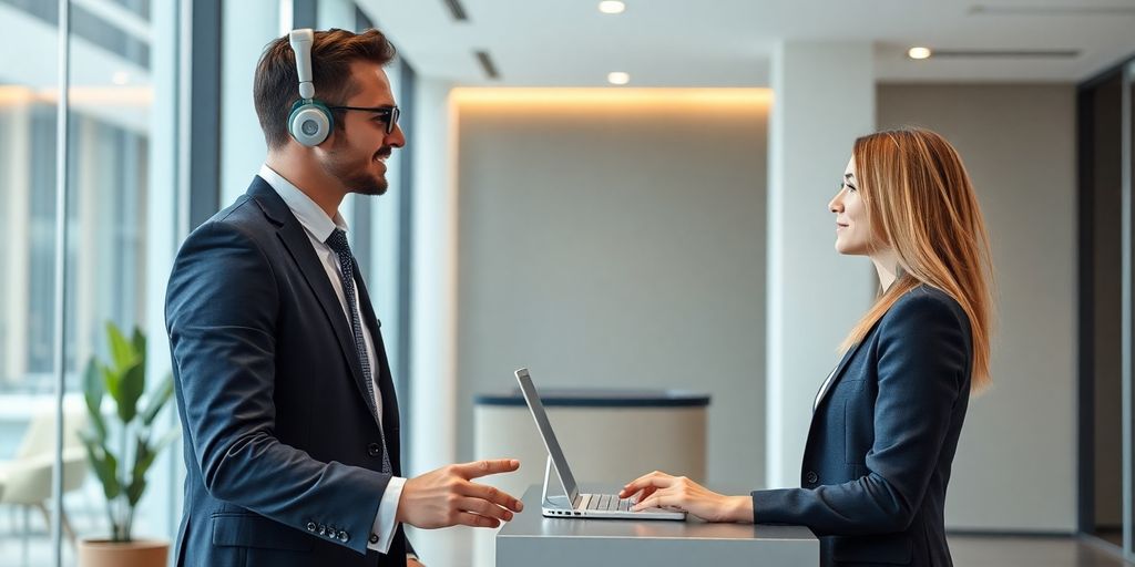 Real estate agent shaking hands with AI robot.