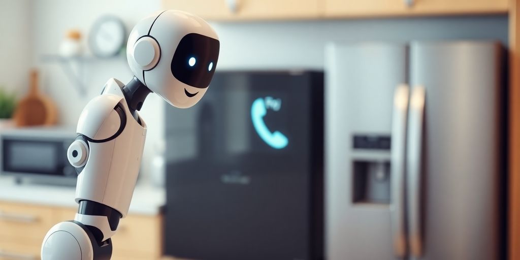 AI receptionist assisting appliance repair customer.