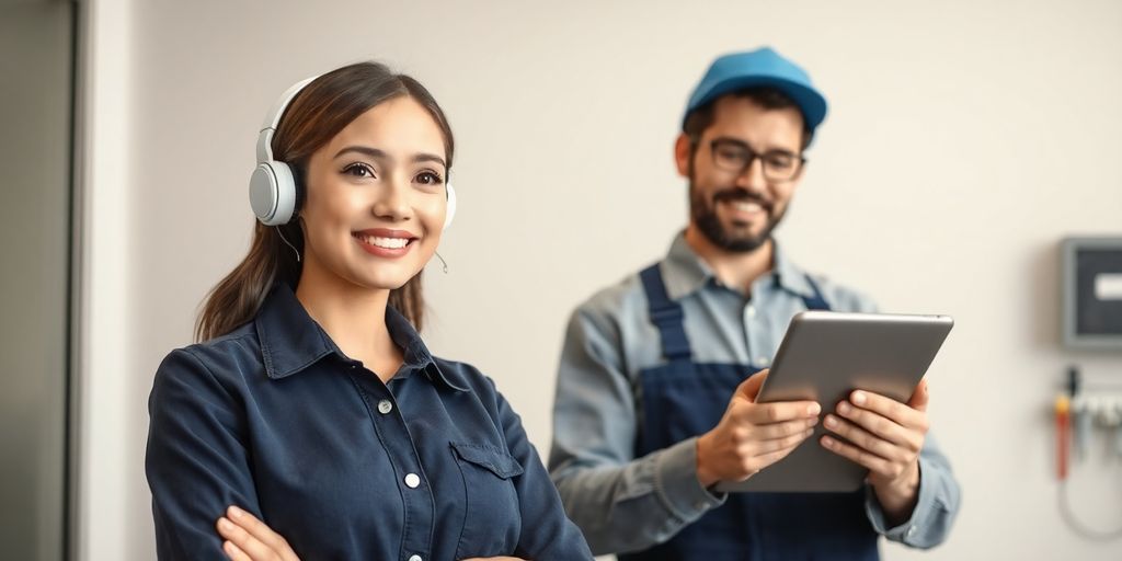 Virtual receptionist assisting appliance repair technician.