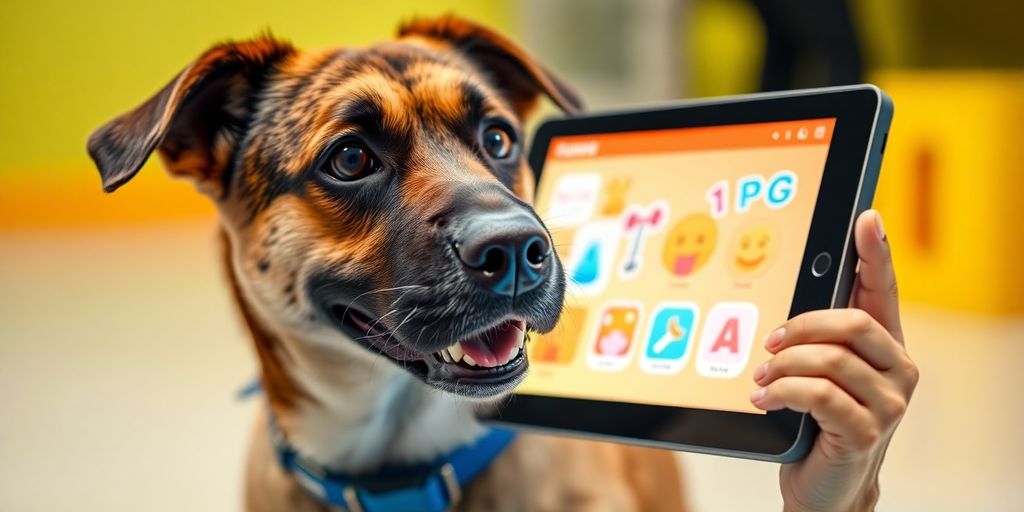 Happy dog interacting with a sleek computer interface.