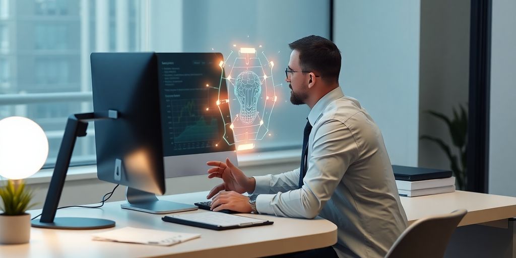 Accountant at desk with futuristic AI interface.