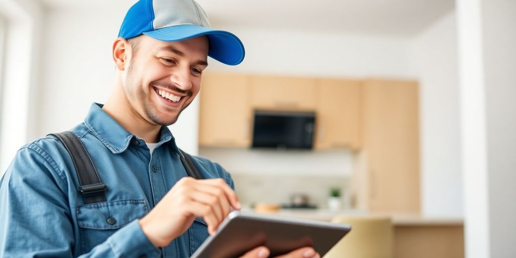 Plumber talking with AI on a tablet.