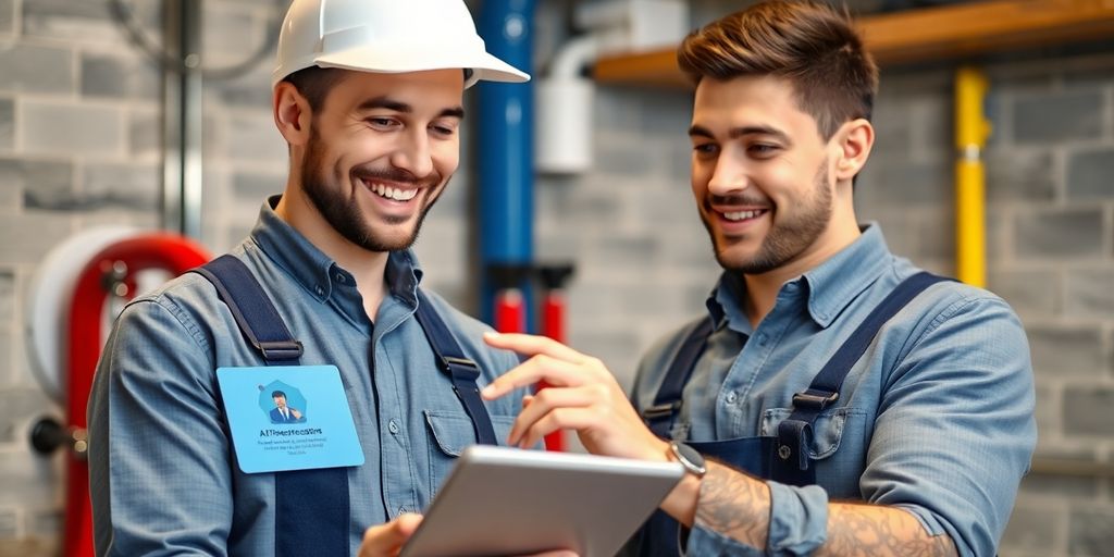 Plumber using tablet with AI receptionist interface.
