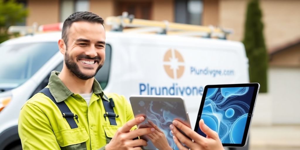 Plumber using AI virtual receptionist on tablet.