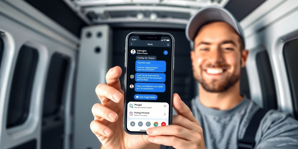 Plumber using smartphone with AI assistant.