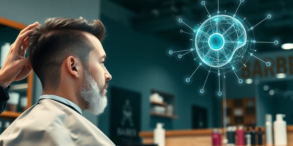 Barber cutting hair with AI assistant nearby.