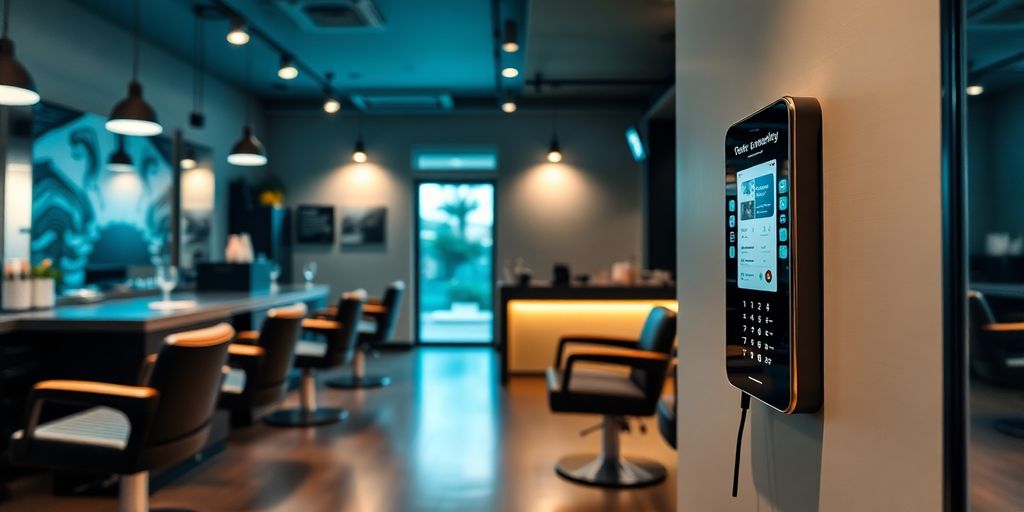 Barbershop interior with AI phone system.