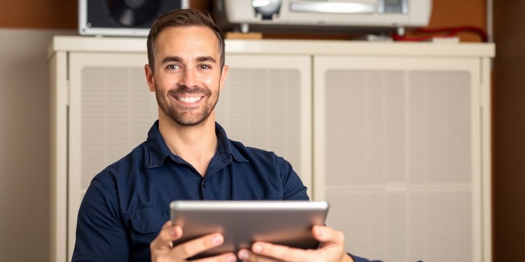 HVAC technician smiling with a smart device.