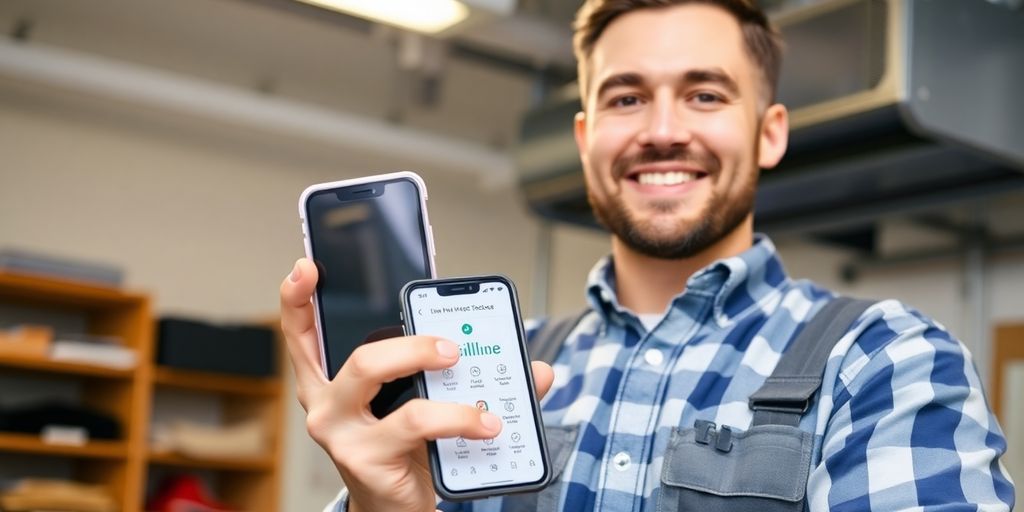 HVAC technician using a smartphone with a virtual receptionist interface.