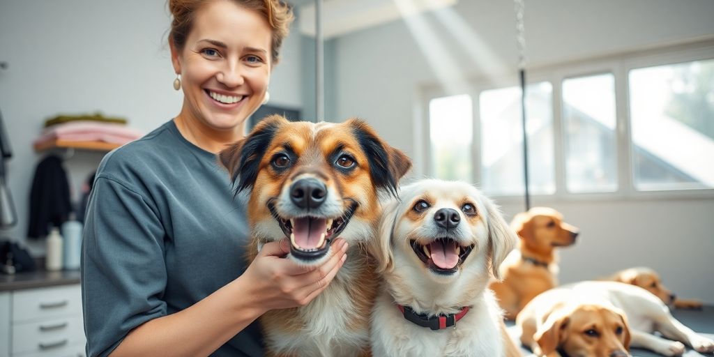 Smiling groomer and happy dog at grooming station.