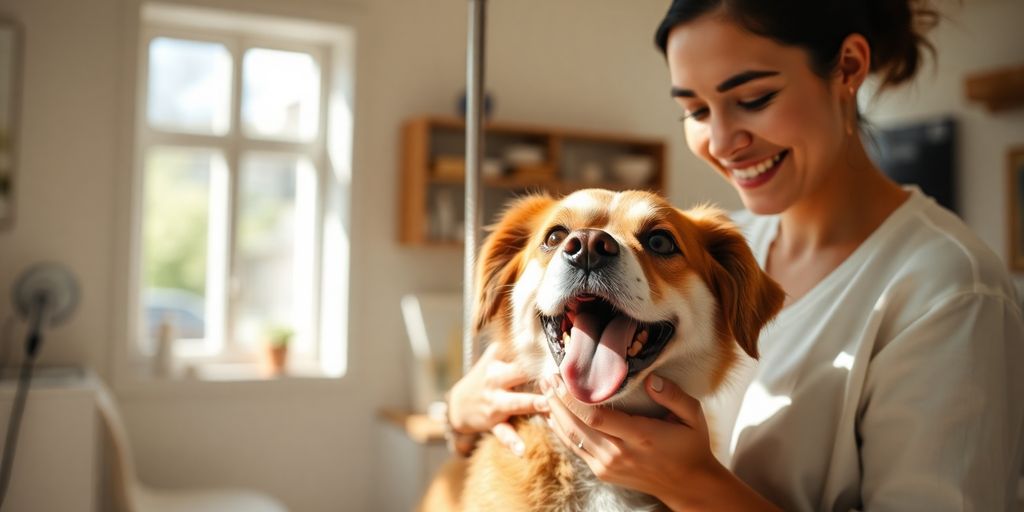 Woman smiling while grooming a happy dog.