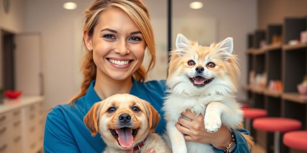 Smiling pet groomer with happy dog and cat.
