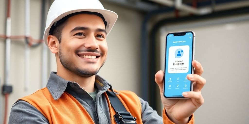Electrician using smartphone with AI receptionist.
