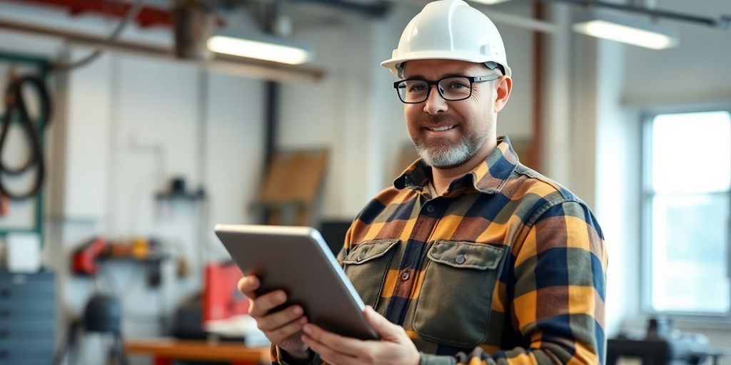Electrician working with a smart device.